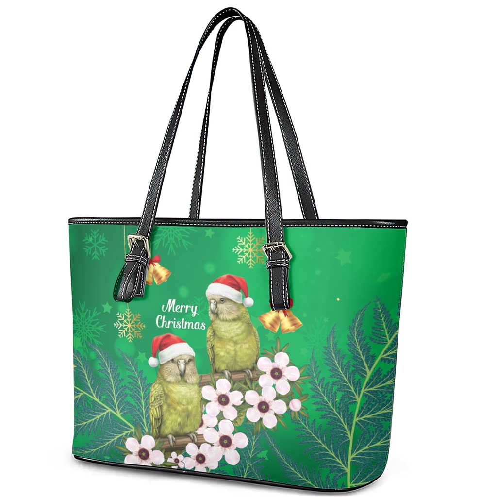 New Zealand Kakapo Christmas Leather Tote Bag Owl Parrot Santa Sliver Fern Manuka - Green - Aussie Hoodie