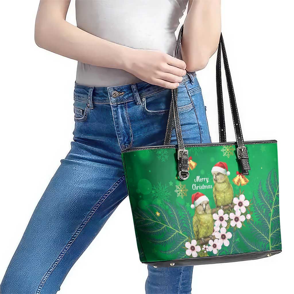 New Zealand Kakapo Christmas Leather Tote Bag Owl Parrot Santa Sliver Fern Manuka - Green - Aussie Hoodie