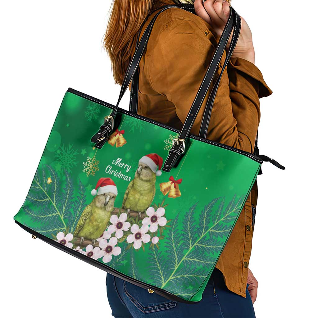 New Zealand Kakapo Christmas Leather Tote Bag Owl Parrot Santa Sliver Fern Manuka - Green - Aussie Hoodie