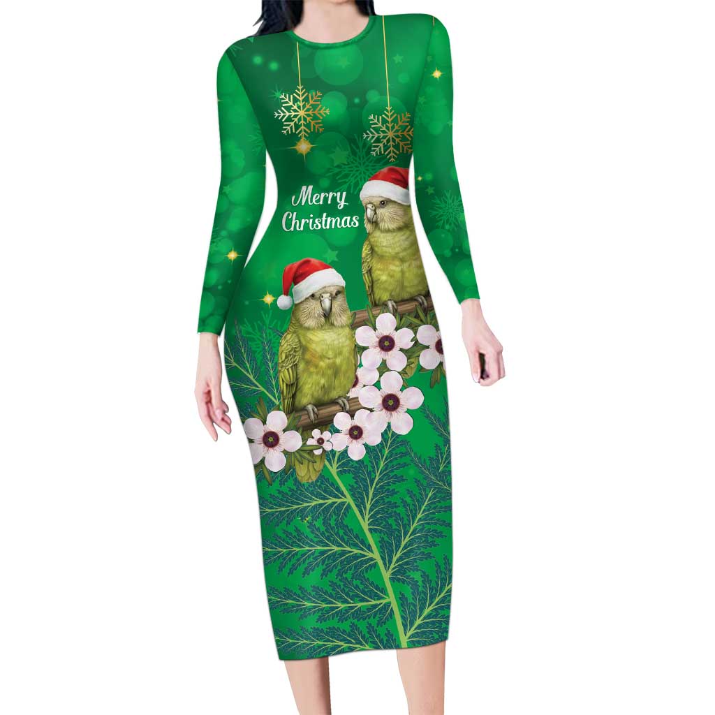 New Zealand Kakapo Christmas Long Sleeve Bodycon Dress Owl Parrot Santa Sliver Fern Manuka - Green - Aussie Hoodie