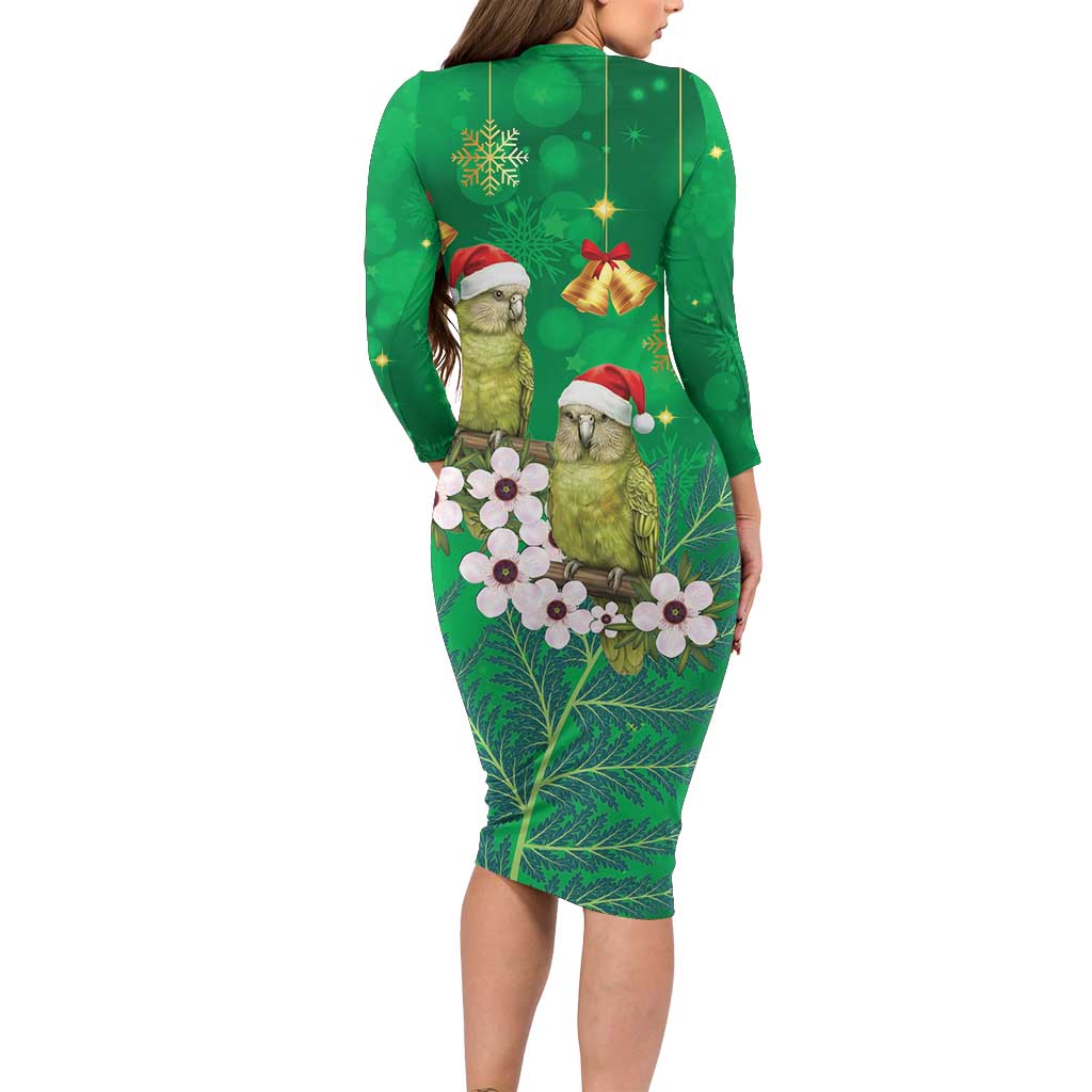 New Zealand Kakapo Christmas Long Sleeve Bodycon Dress Owl Parrot Santa Sliver Fern Manuka - Green - Aussie Hoodie