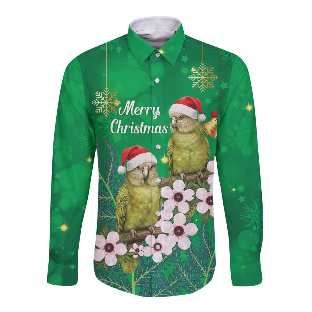 New Zealand Kakapo Christmas Long Sleeve Button Shirt Owl Parrot Santa Sliver Fern Manuka - Green - Aussie Hoodie