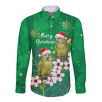 New Zealand Kakapo Christmas Long Sleeve Button Shirt Owl Parrot Santa Sliver Fern Manuka - Green - Aussie Hoodie