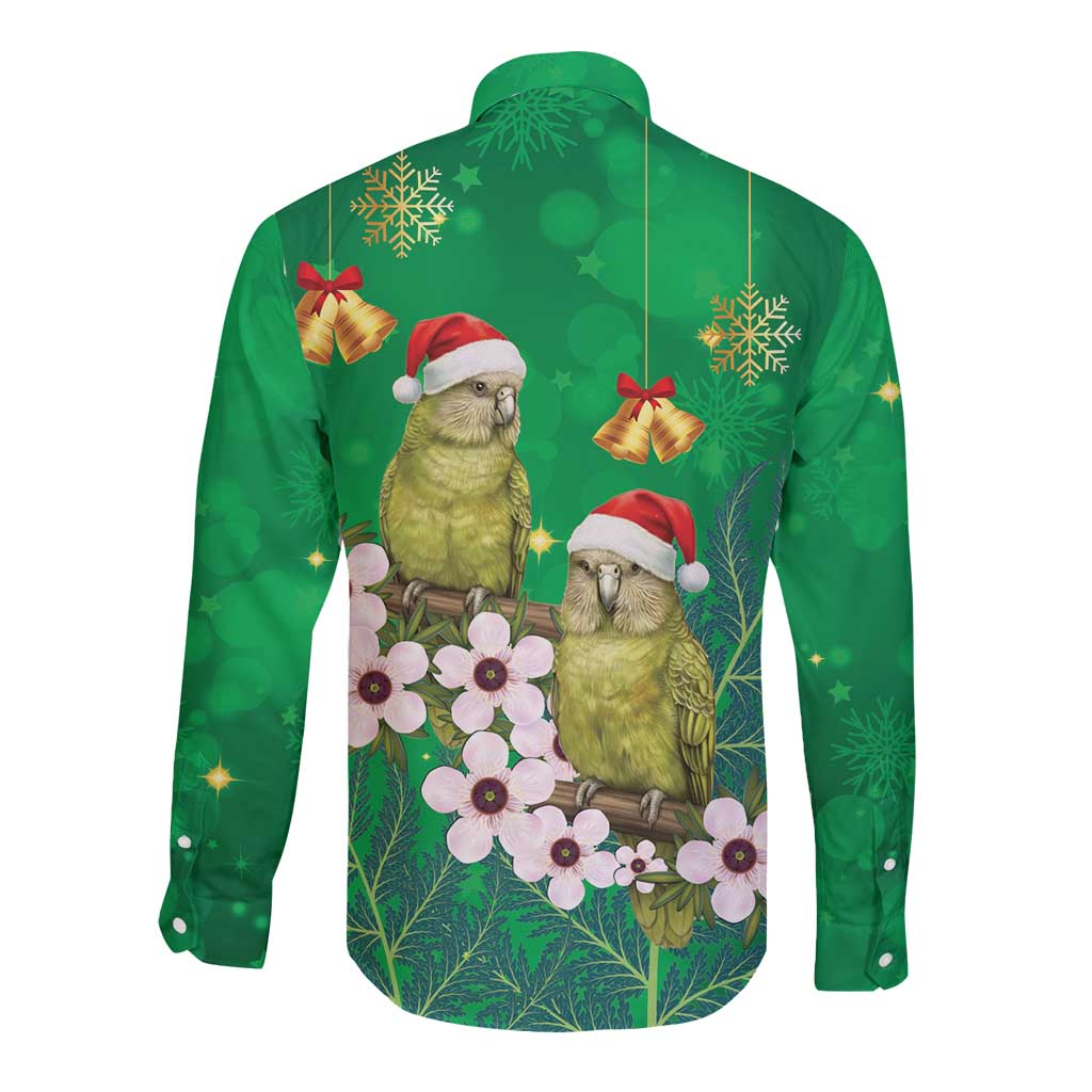 New Zealand Kakapo Christmas Long Sleeve Button Shirt Owl Parrot Santa Sliver Fern Manuka - Green - Aussie Hoodie