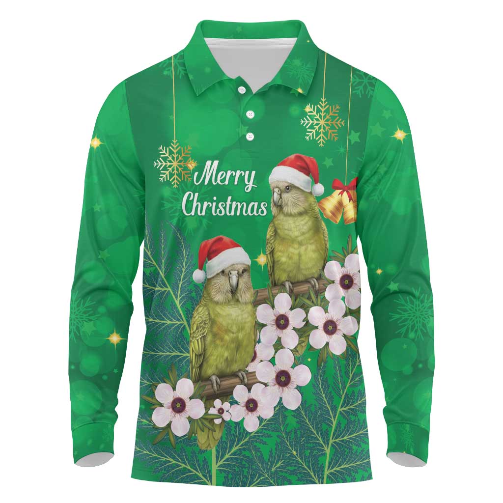 New Zealand Kakapo Christmas Long Sleeve Polo Shirt Owl Parrot Santa Sliver Fern Manuka - Green - Aussie Hoodie