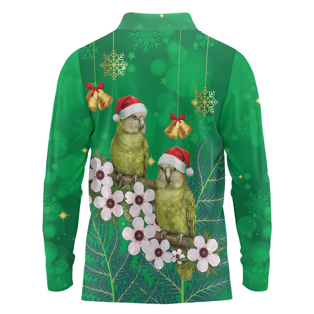 New Zealand Kakapo Christmas Long Sleeve Polo Shirt Owl Parrot Santa Sliver Fern Manuka - Green - Aussie Hoodie