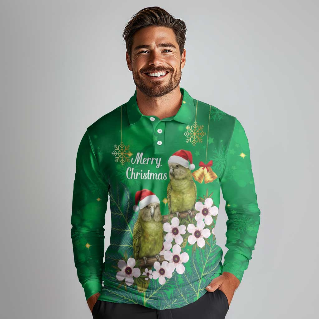New Zealand Kakapo Christmas Long Sleeve Polo Shirt Owl Parrot Santa Sliver Fern Manuka - Green - Aussie Hoodie