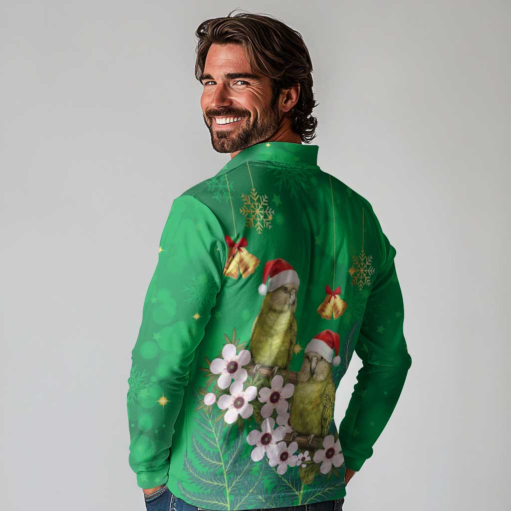 New Zealand Kakapo Christmas Long Sleeve Polo Shirt Owl Parrot Santa Sliver Fern Manuka - Green - Aussie Hoodie
