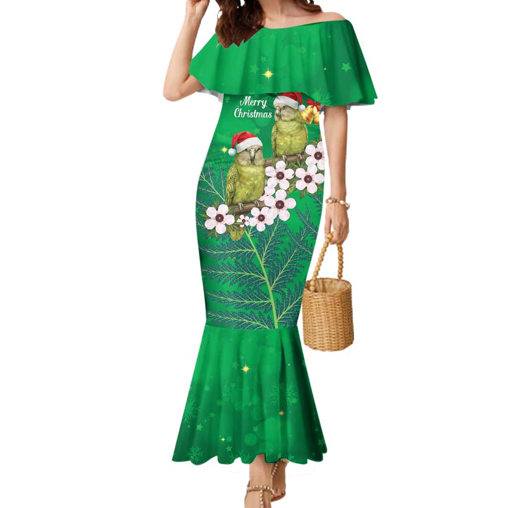 New Zealand Kakapo Christmas Mermaid Dress Owl Parrot Santa Sliver Fern Manuka - Green - Aussie Hoodie