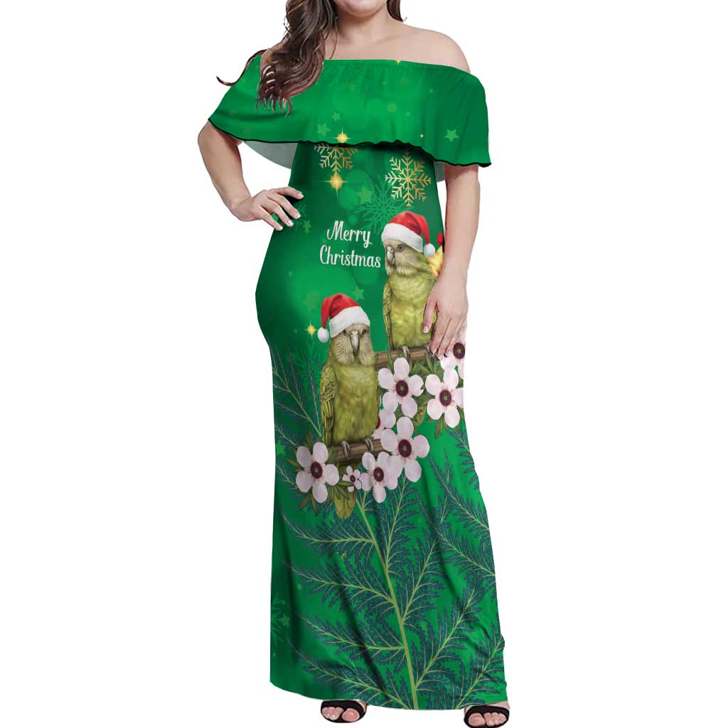 New Zealand Kakapo Christmas Off Shoulder Maxi Dress Owl Parrot Santa Sliver Fern Manuka - Green - Aussie Hoodie