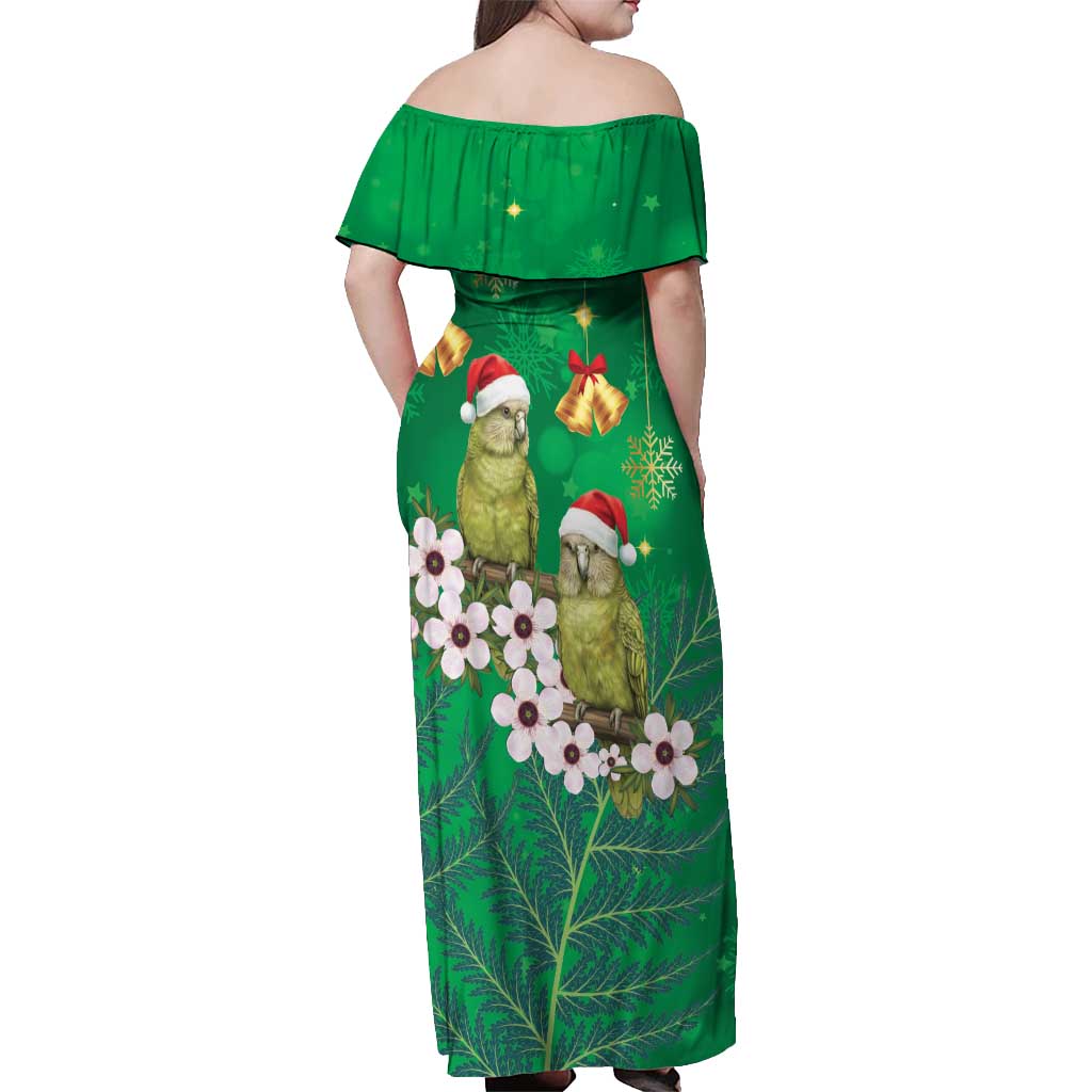 New Zealand Kakapo Christmas Off Shoulder Maxi Dress Owl Parrot Santa Sliver Fern Manuka - Green - Aussie Hoodie