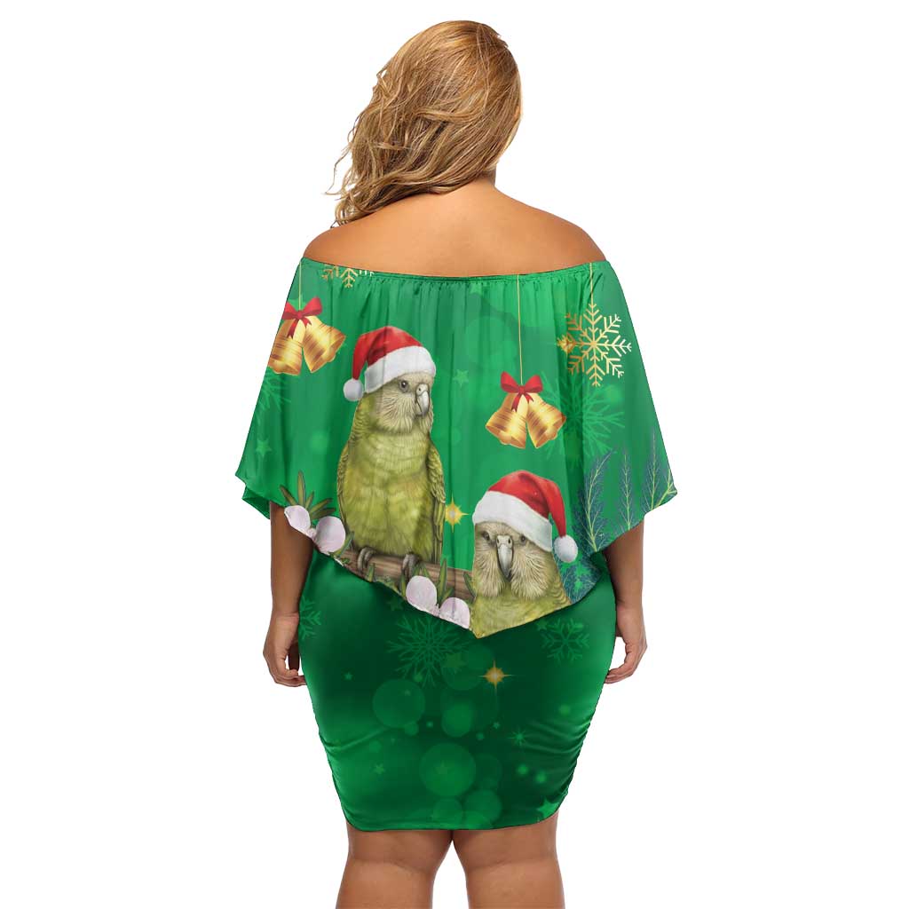 New Zealand Kakapo Christmas Off Shoulder Short Dress Owl Parrot Santa Sliver Fern Manuka - Green - Aussie Hoodie