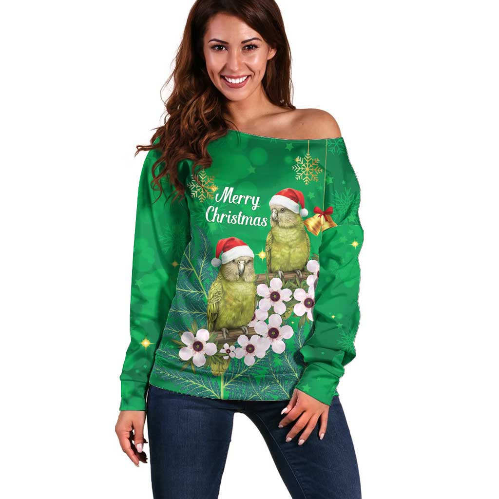 New Zealand Kakapo Christmas Off Shoulder Sweater Owl Parrot Santa Sliver Fern Manuka - Green - Aussie Hoodie