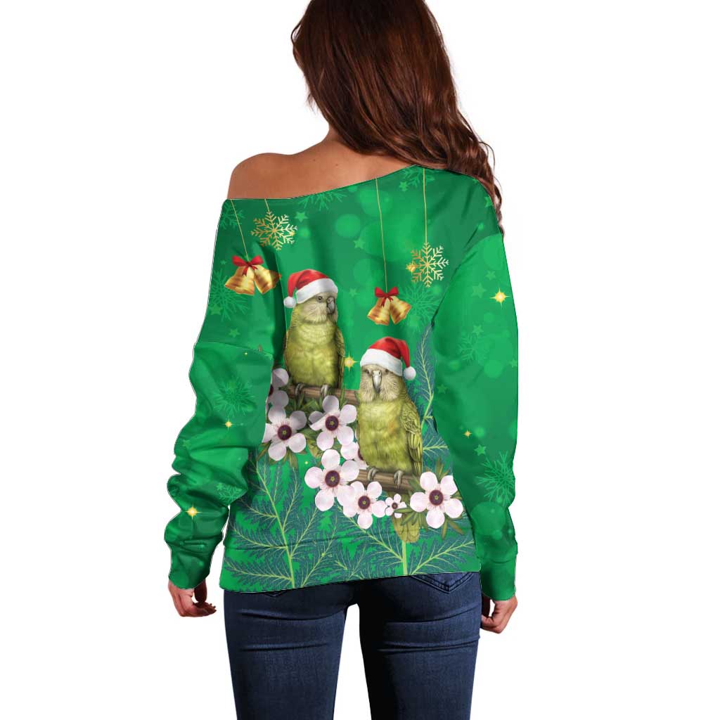 New Zealand Kakapo Christmas Off Shoulder Sweater Owl Parrot Santa Sliver Fern Manuka - Green - Aussie Hoodie
