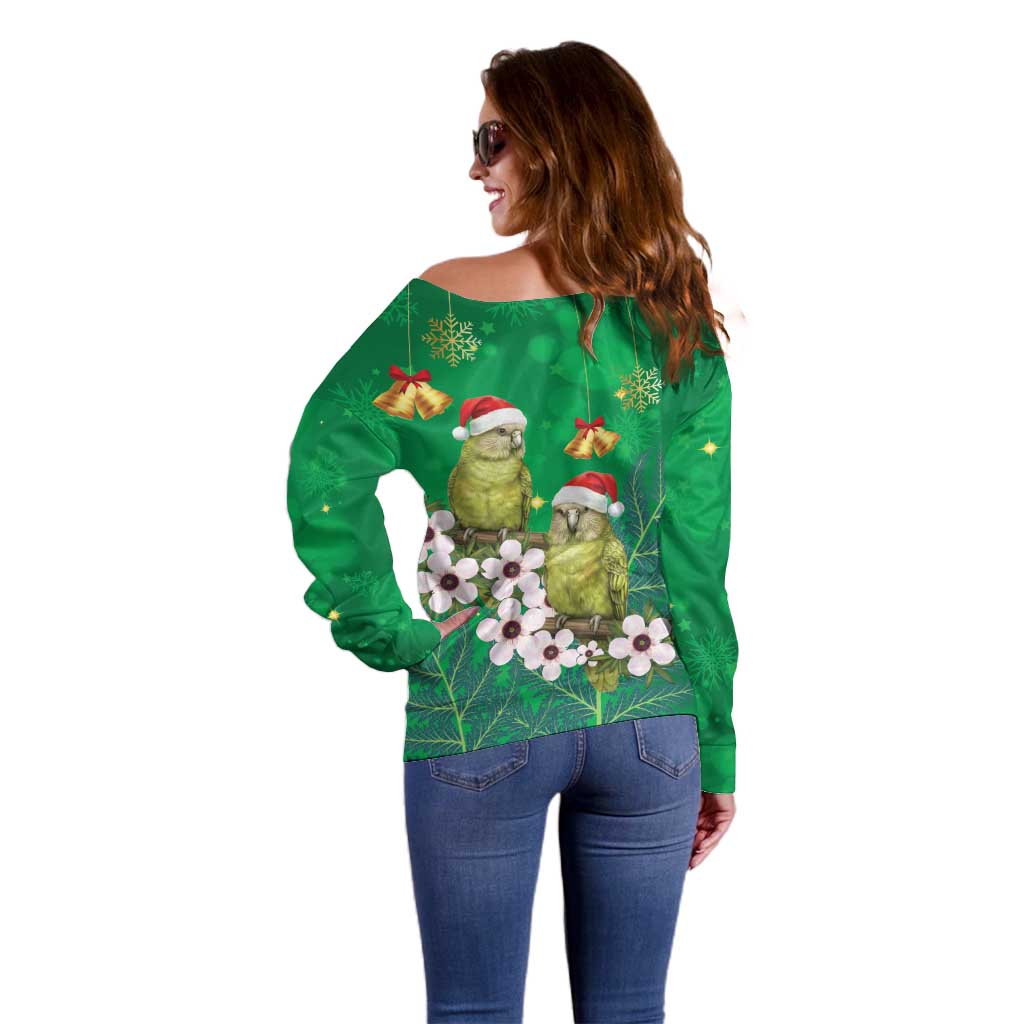 New Zealand Kakapo Christmas Off Shoulder Sweater Owl Parrot Santa Sliver Fern Manuka - Green - Aussie Hoodie