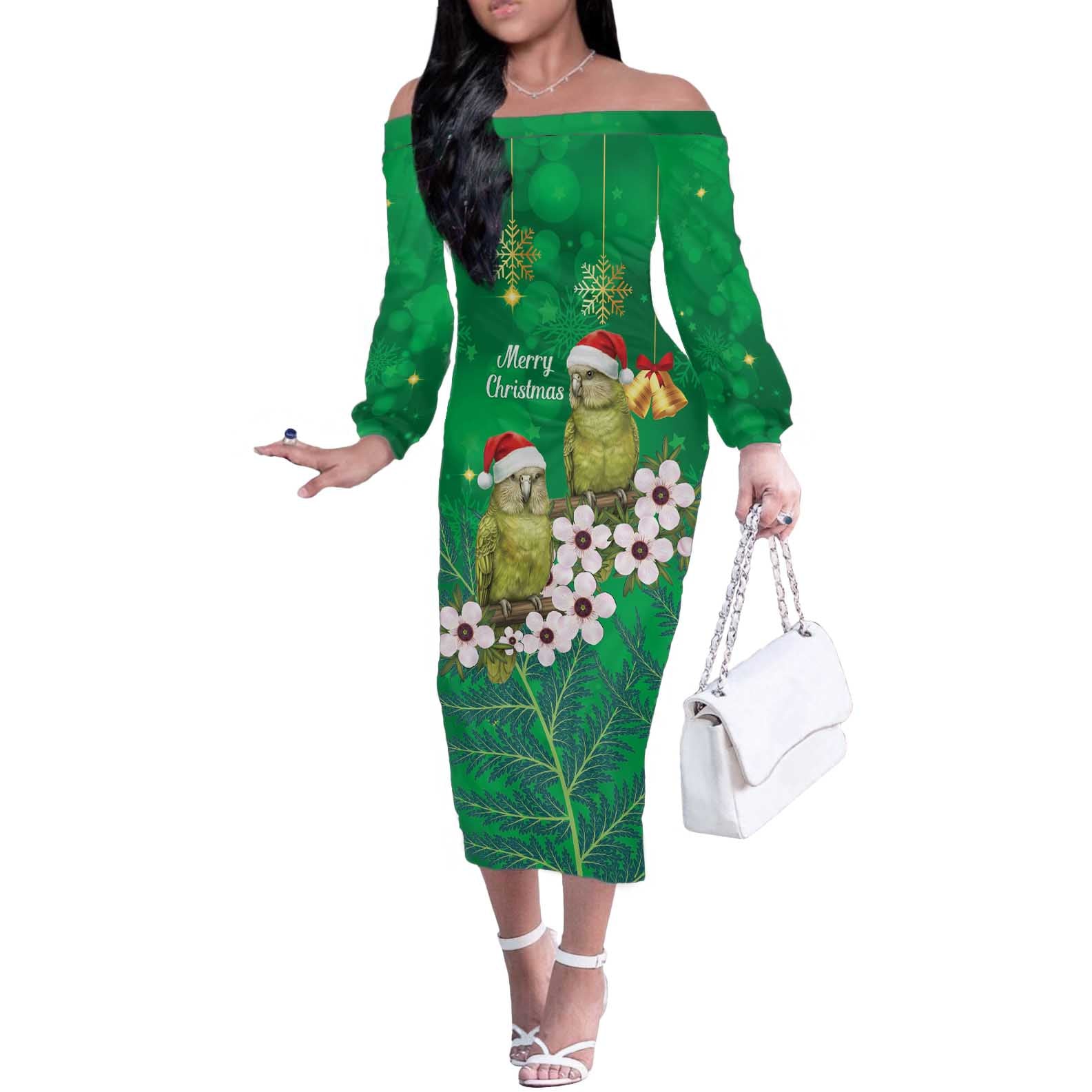 New Zealand Kakapo Christmas Off The Shoulder Long Sleeve Dress Owl Parrot Santa Sliver Fern Manuka - Green - Aussie Hoodie