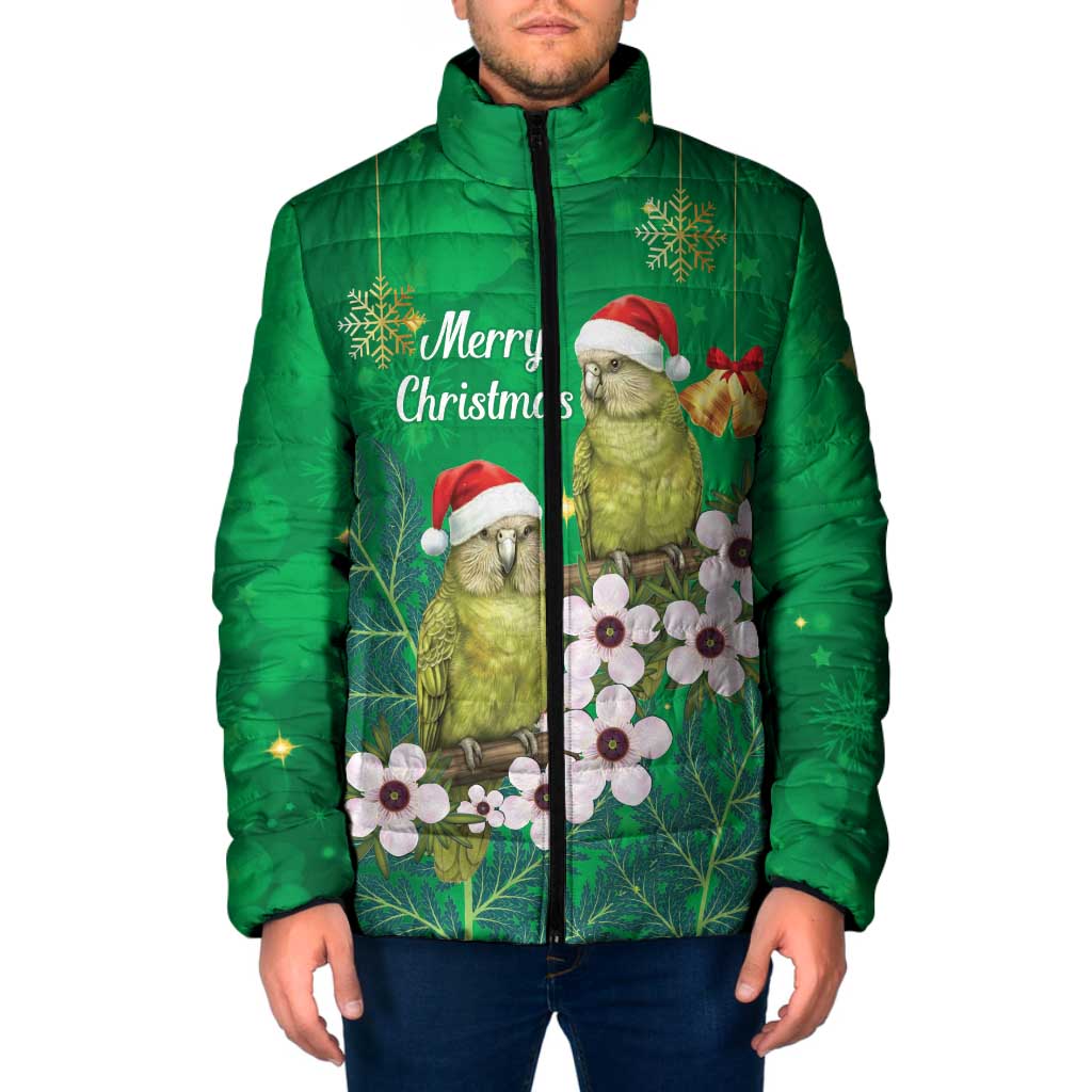 New Zealand Kakapo Christmas Padded Jacket Owl Parrot Santa Sliver Fern Manuka - Green - Aussie Hoodie