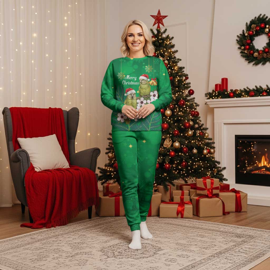 New Zealand Kakapo Christmas Pajama Set Owl Parrot Santa Sliver Fern Manuka - Green - Aussie Hoodie