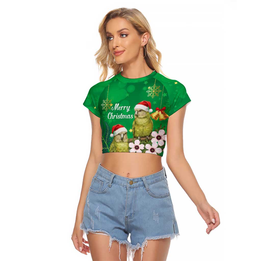 New Zealand Kakapo Christmas Raglan Cropped T Shirt Owl Parrot Santa Sliver Fern Manuka - Green - Aussie Hoodie