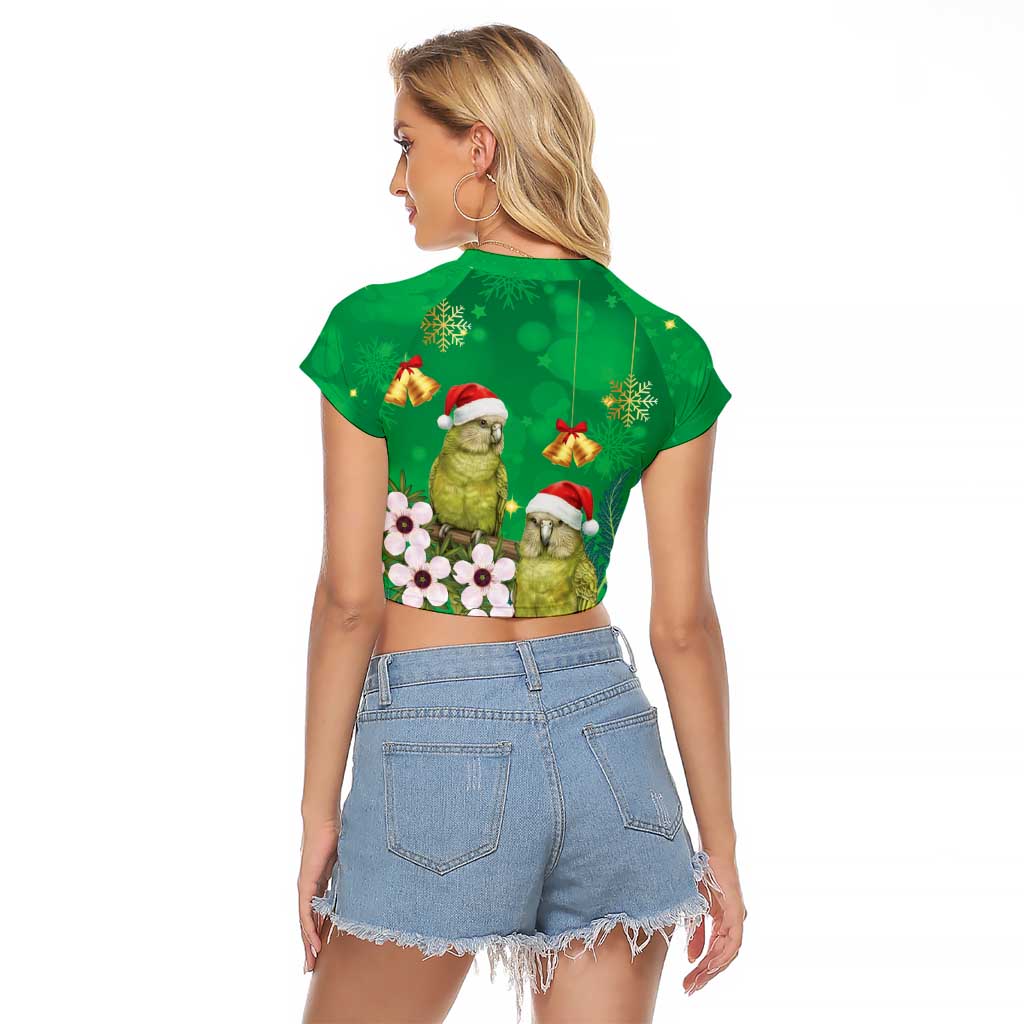 New Zealand Kakapo Christmas Raglan Cropped T Shirt Owl Parrot Santa Sliver Fern Manuka - Green - Aussie Hoodie