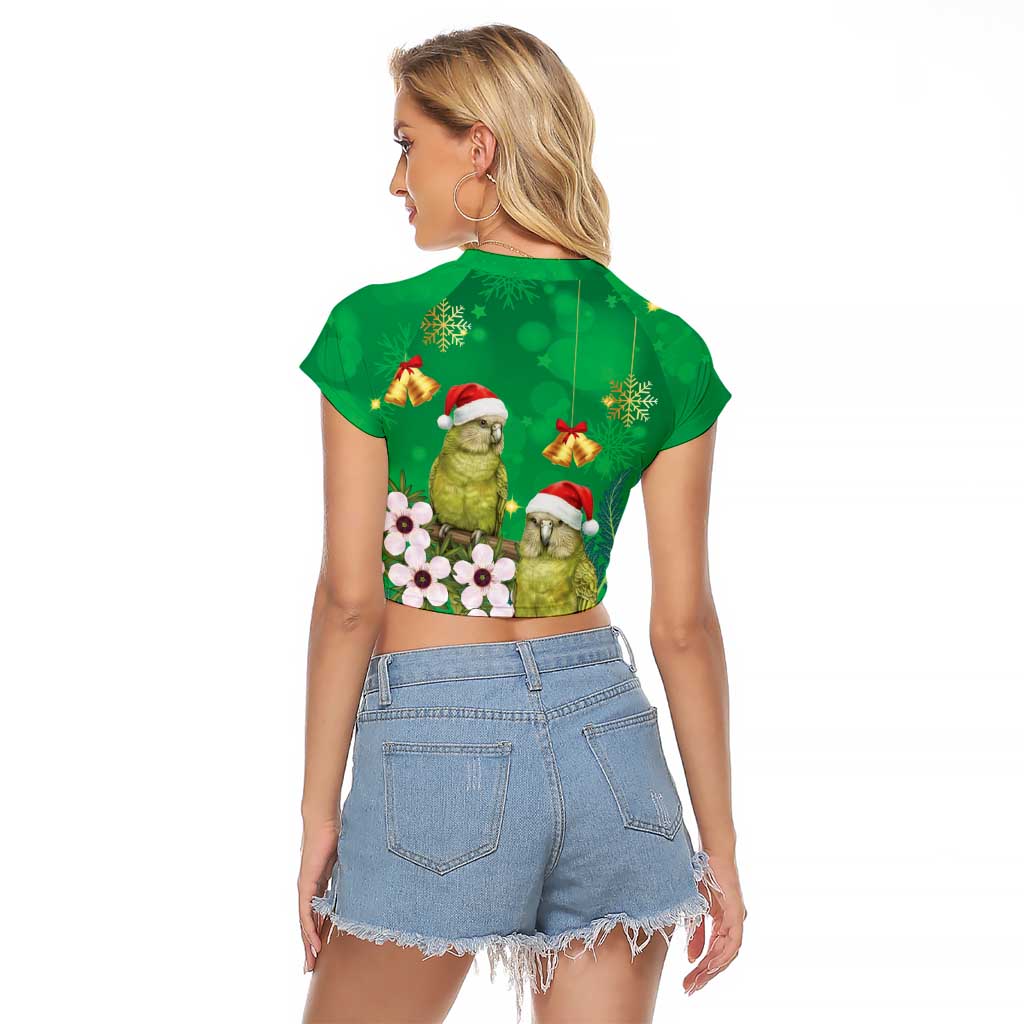 New Zealand Kakapo Christmas Raglan Cropped T Shirt Owl Parrot Santa Sliver Fern Manuka - Green - Aussie Hoodie