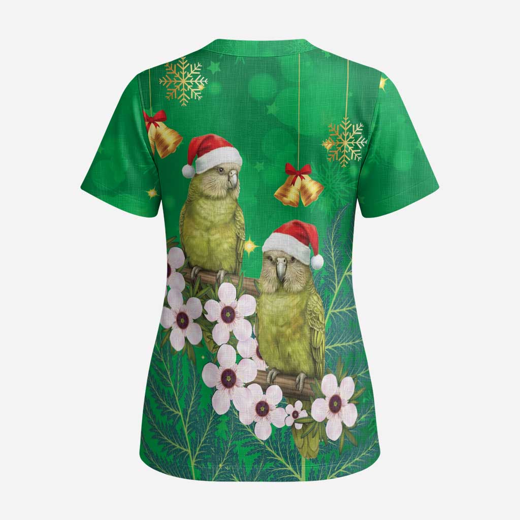 New Zealand Kakapo Christmas Scrub Top Owl Parrot Santa Sliver Fern Manuka - Green - Aussie Hoodie