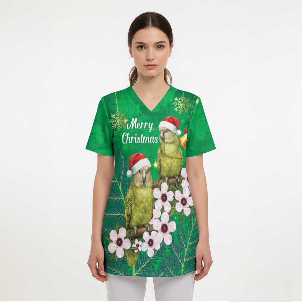 New Zealand Kakapo Christmas Scrub Top Owl Parrot Santa Sliver Fern Manuka - Green - Aussie Hoodie
