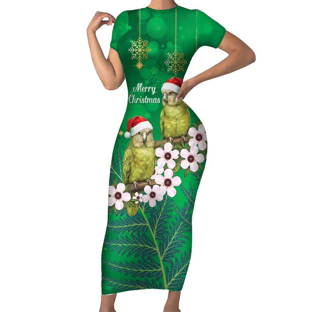 New Zealand Kakapo Christmas Short Sleeve Bodycon Dress Owl Parrot Santa Sliver Fern Manuka - Green - Aussie Hoodie