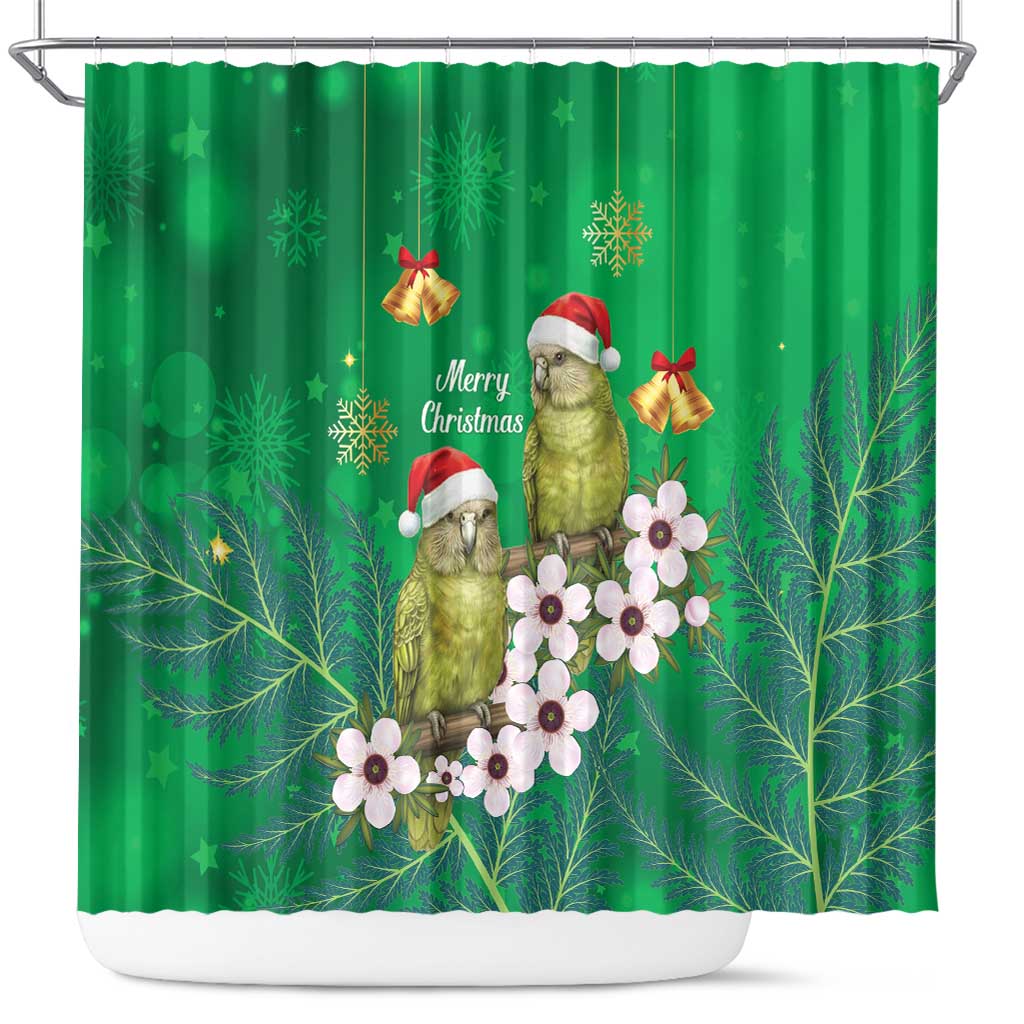 New Zealand Kakapo Christmas Shower Curtain Owl Parrot Santa Sliver Fern Manuka - Green - Aussie Hoodie