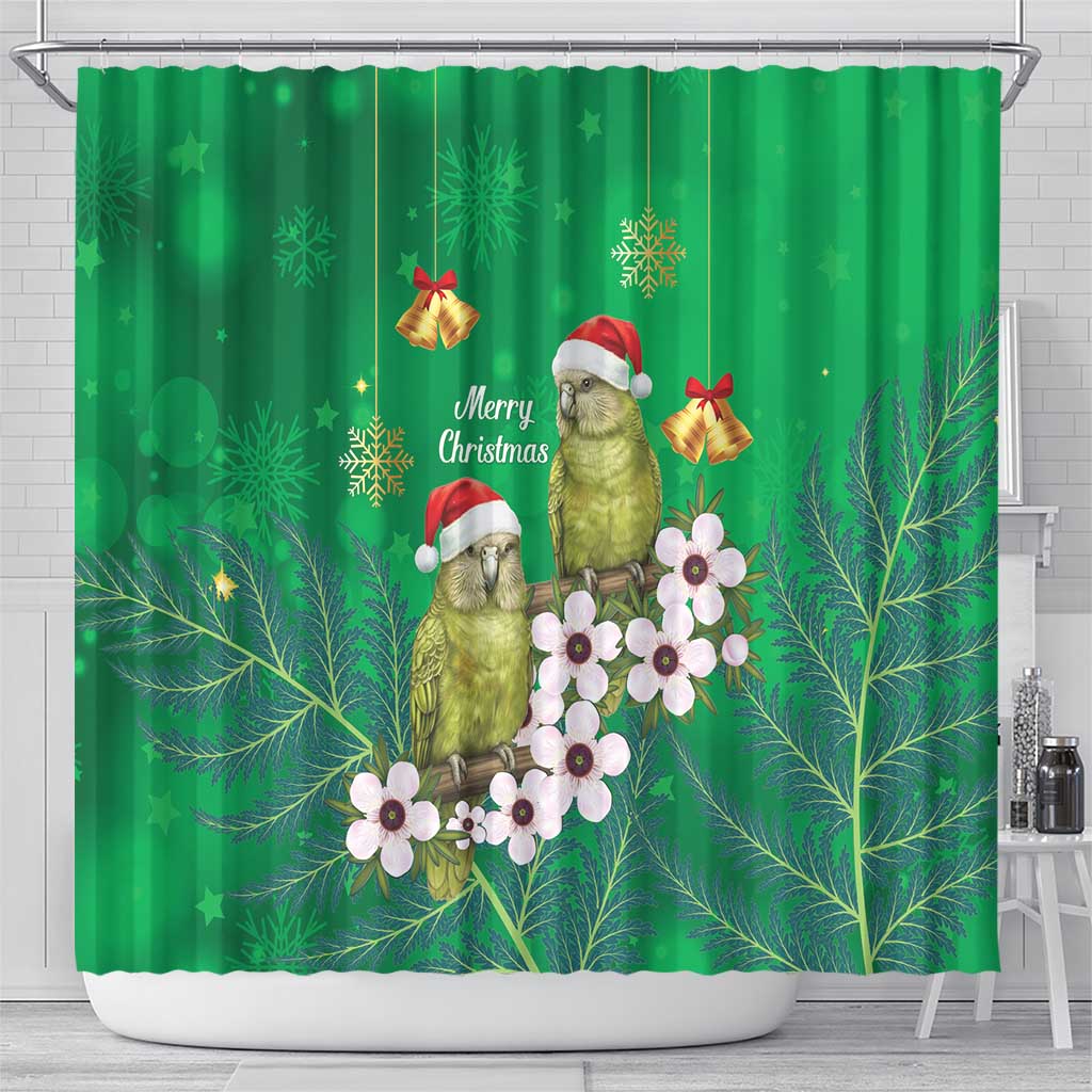 New Zealand Kakapo Christmas Shower Curtain Owl Parrot Santa Sliver Fern Manuka - Green - Aussie Hoodie