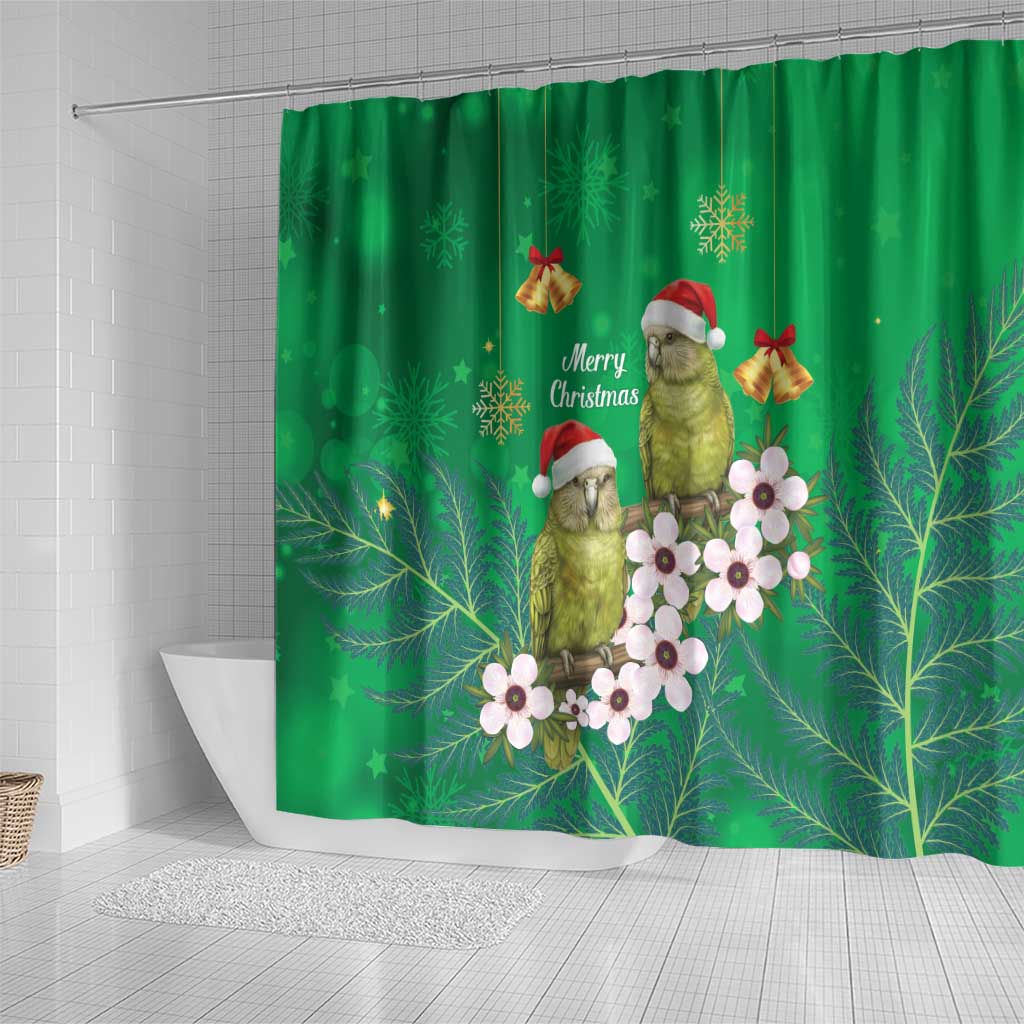 New Zealand Kakapo Christmas Shower Curtain Owl Parrot Santa Sliver Fern Manuka - Green - Aussie Hoodie