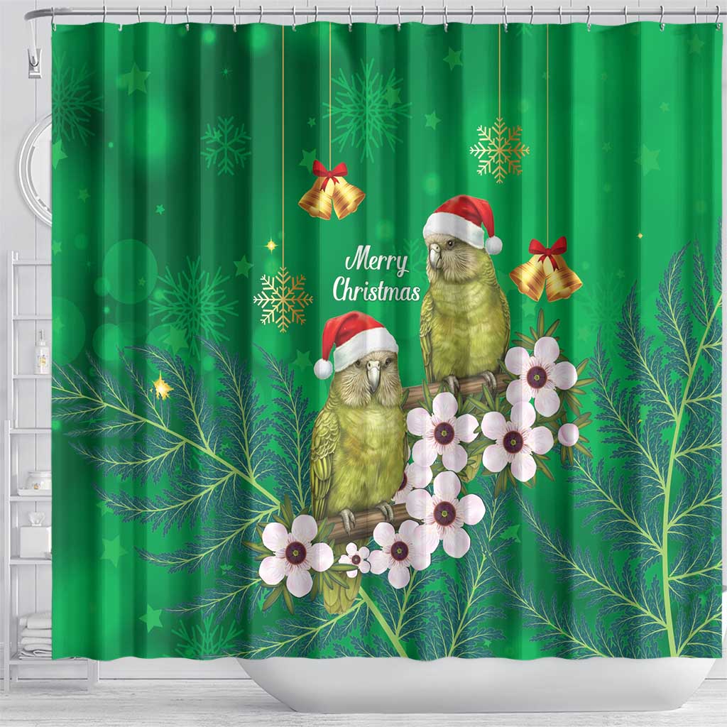 New Zealand Kakapo Christmas Shower Curtain Owl Parrot Santa Sliver Fern Manuka - Green - Aussie Hoodie
