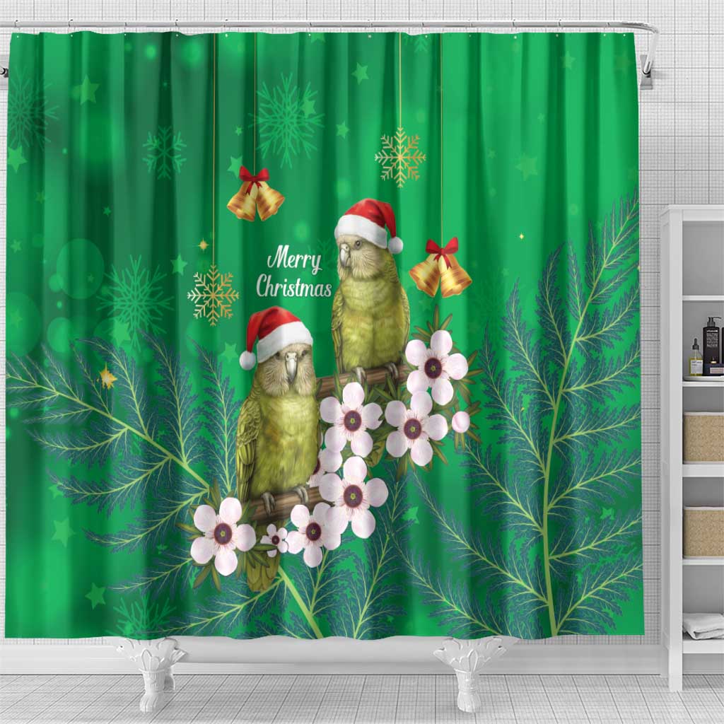 New Zealand Kakapo Christmas Shower Curtain Owl Parrot Santa Sliver Fern Manuka - Green - Aussie Hoodie