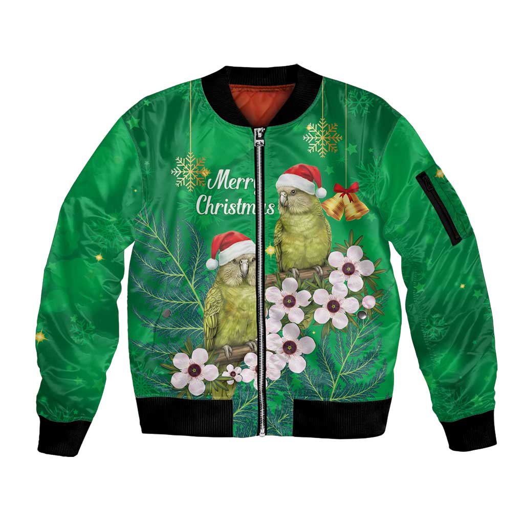 New Zealand Kakapo Christmas Sleeve Zip Bomber Jacket Owl Parrot Santa Sliver Fern Manuka - Green - Aussie Hoodie