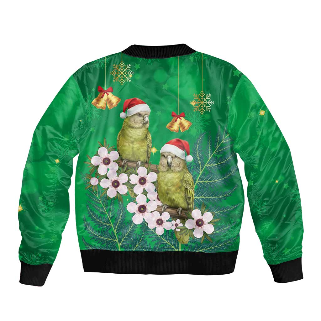 New Zealand Kakapo Christmas Sleeve Zip Bomber Jacket Owl Parrot Santa Sliver Fern Manuka - Green - Aussie Hoodie
