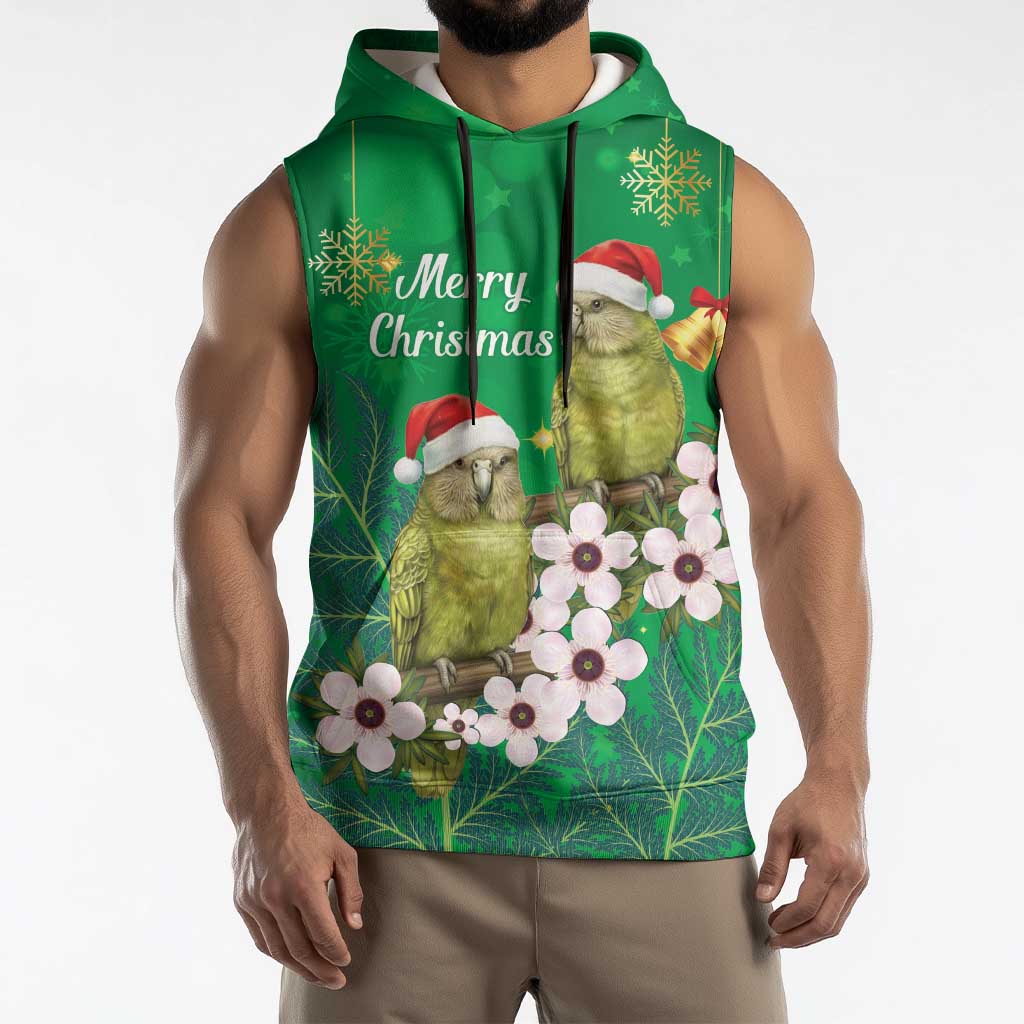 New Zealand Kakapo Christmas Sleeveless Hoodie Owl Parrot Santa Sliver Fern Manuka - Green - Aussie Hoodie