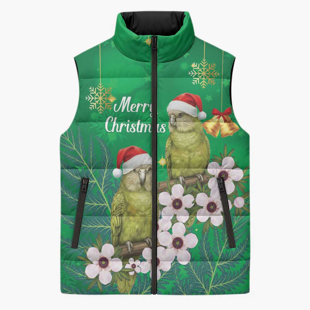 New Zealand Kakapo Christmas Sleeveless Puffer Jacket Owl Parrot Santa Sliver Fern Manuka - Green - Aussie Hoodie