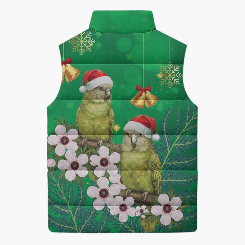 New Zealand Kakapo Christmas Sleeveless Puffer Jacket Owl Parrot Santa Sliver Fern Manuka - Green - Aussie Hoodie