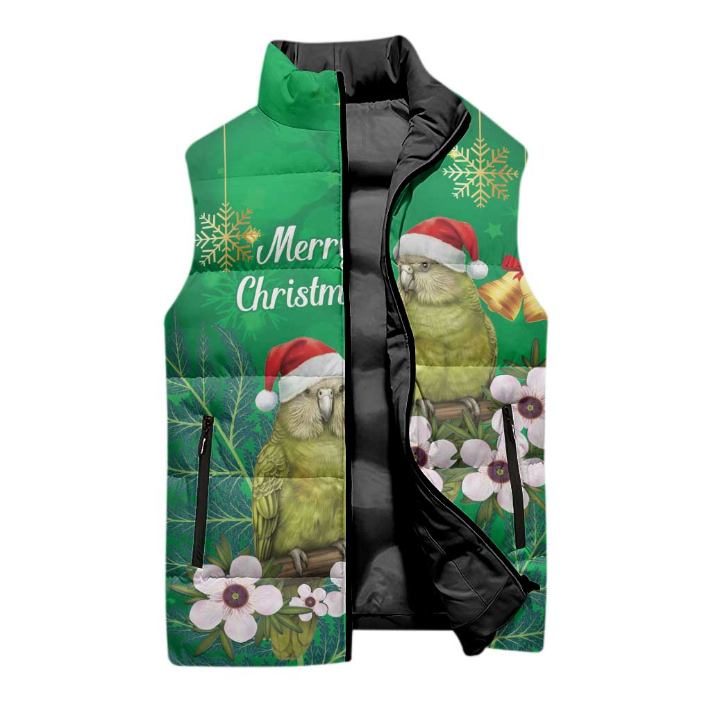New Zealand Kakapo Christmas Sleeveless Puffer Jacket Owl Parrot Santa Sliver Fern Manuka - Green - Aussie Hoodie