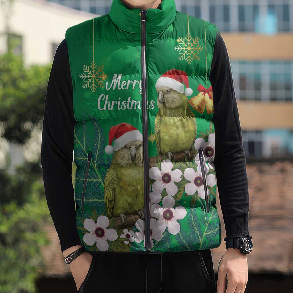 New Zealand Kakapo Christmas Sleeveless Puffer Jacket Owl Parrot Santa Sliver Fern Manuka - Green - Aussie Hoodie
