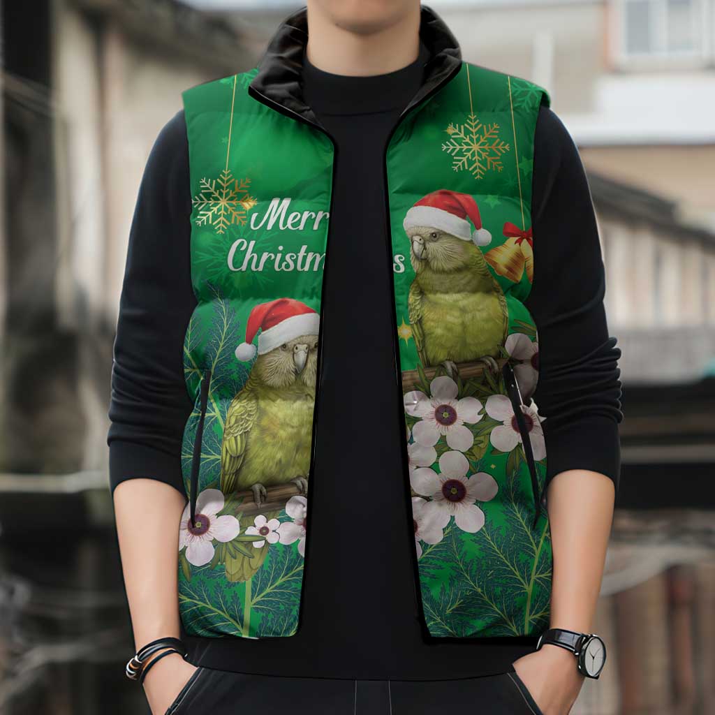 New Zealand Kakapo Christmas Sleeveless Puffer Jacket Owl Parrot Santa Sliver Fern Manuka - Green - Aussie Hoodie