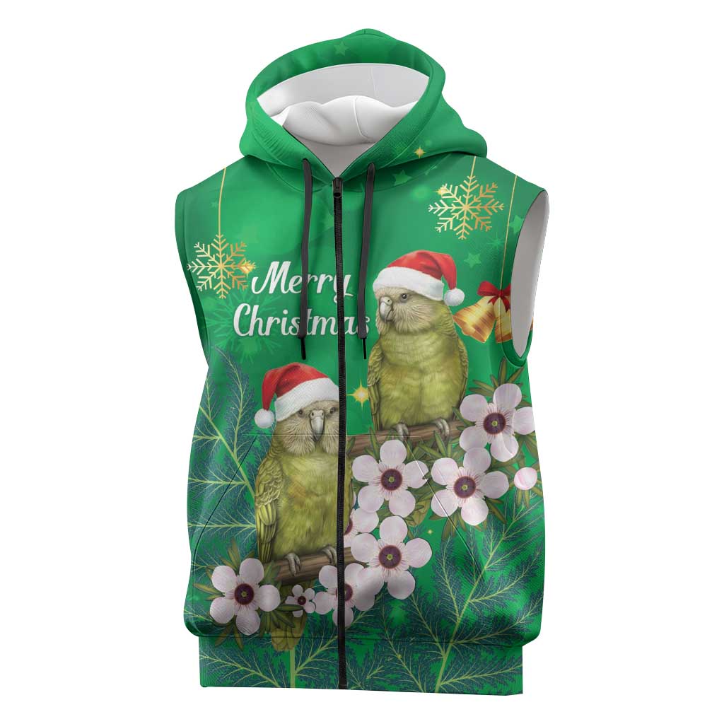 New Zealand Kakapo Christmas Sleeveless Zip Hoodie Owl Parrot Santa Sliver Fern Manuka - Green LT14