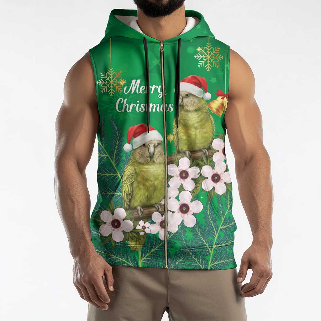 New Zealand Kakapo Christmas Sleeveless Zip Hoodie Owl Parrot Santa Sliver Fern Manuka - Green - Aussie Hoodie