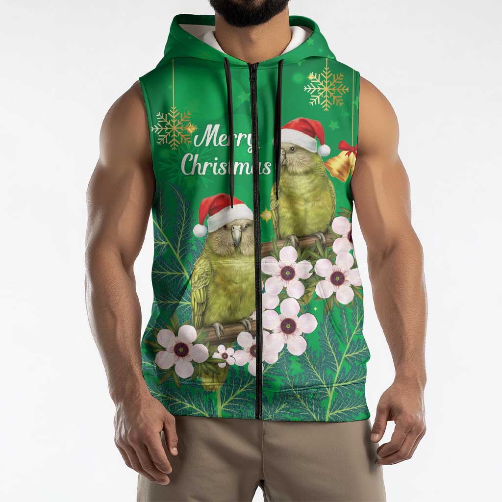 New Zealand Kakapo Christmas Sleeveless Zip Hoodie Owl Parrot Santa Sliver Fern Manuka - Green LT14