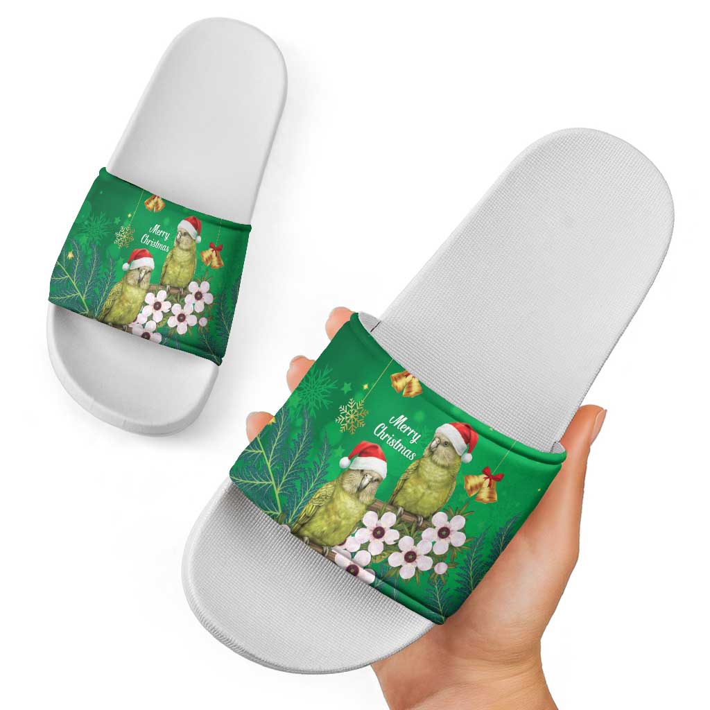 New Zealand Kakapo Christmas Slide Sandals Owl Parrot Santa Sliver Fern Manuka - Green - Aussie Hoodie