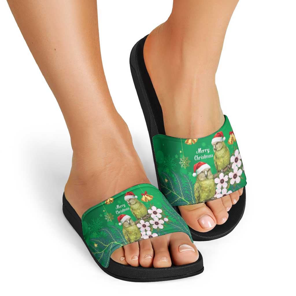 New Zealand Kakapo Christmas Slide Sandals Owl Parrot Santa Sliver Fern Manuka - Green - Aussie Hoodie