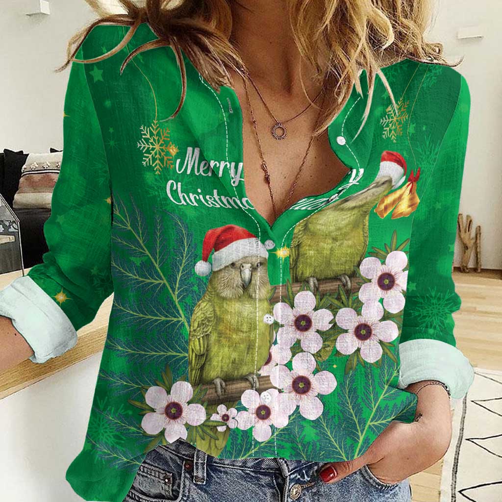 New Zealand Kakapo Christmas Women Casual Shirt Owl Parrot Santa Sliver Fern Manuka - Green - Aussie Hoodie