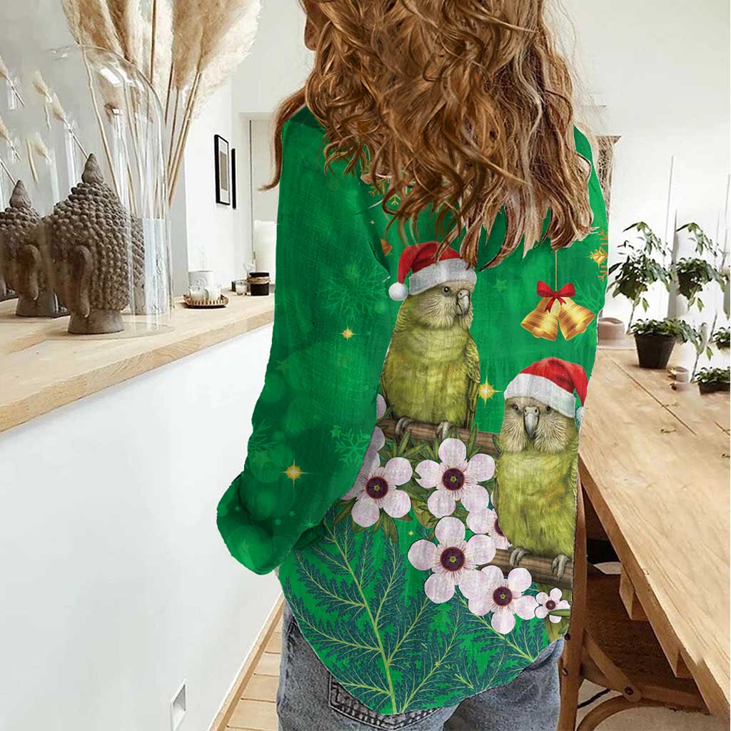 New Zealand Kakapo Christmas Women Casual Shirt Owl Parrot Santa Sliver Fern Manuka - Green - Aussie Hoodie