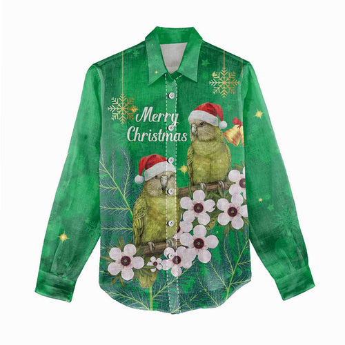 New Zealand Kakapo Christmas Women Casual Shirt Owl Parrot Santa Sliver Fern Manuka - Green - Aussie Hoodie