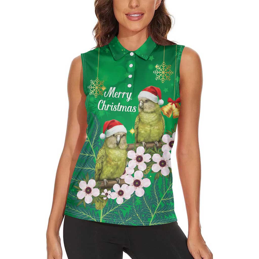 New Zealand Kakapo Christmas Women Sleeveless Polo Shirt Owl Parrot Santa Sliver Fern Manuka - Green - Aussie Hoodie